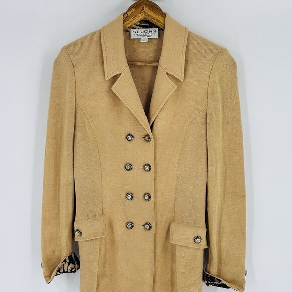 St.John Collection Sz 2 Beige Animal Contrast Santana Knit Blazer Jacket XS S - Picture 3 of 9